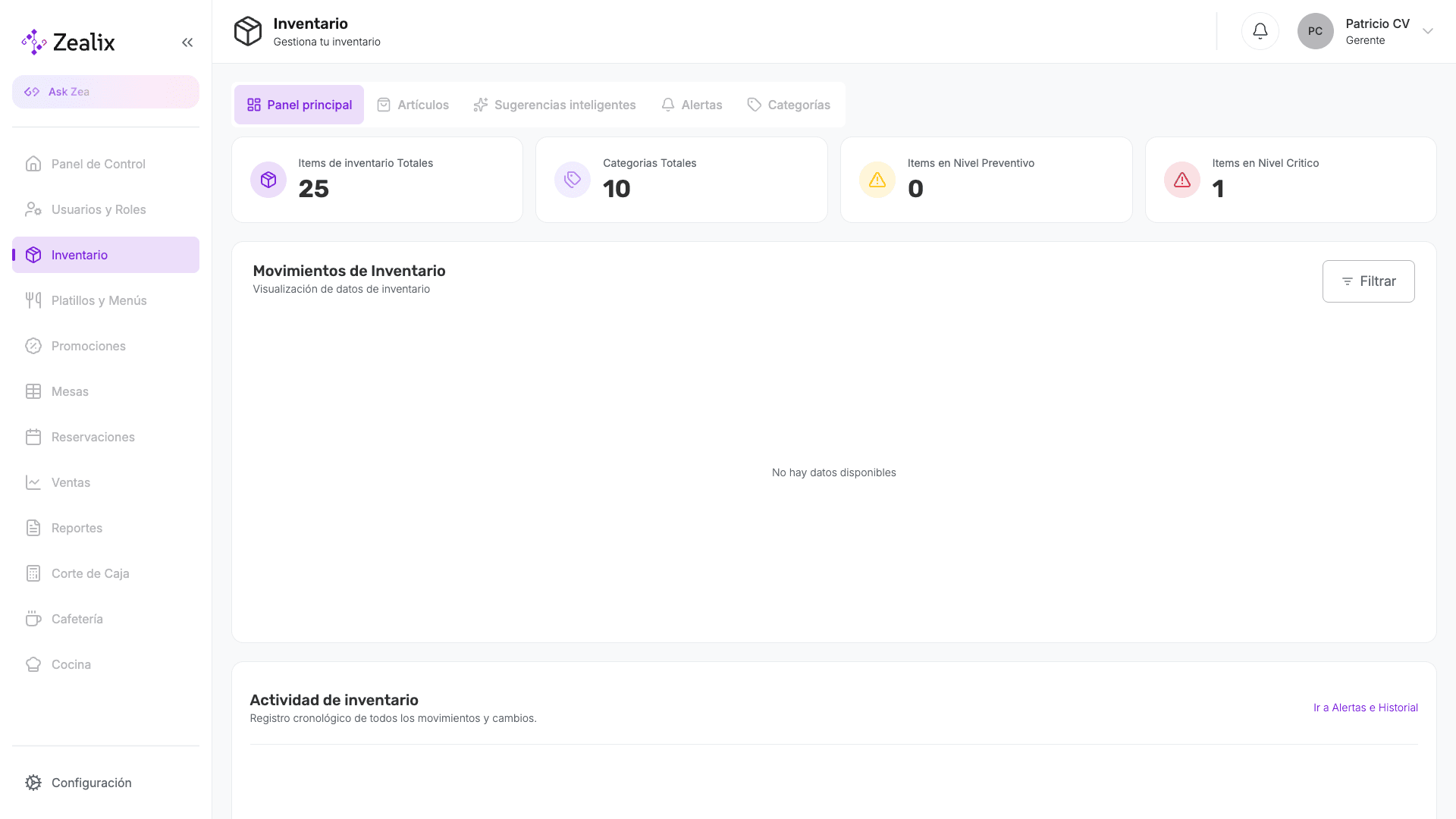 Inventario de Zealix con artículos y niveles de existencia