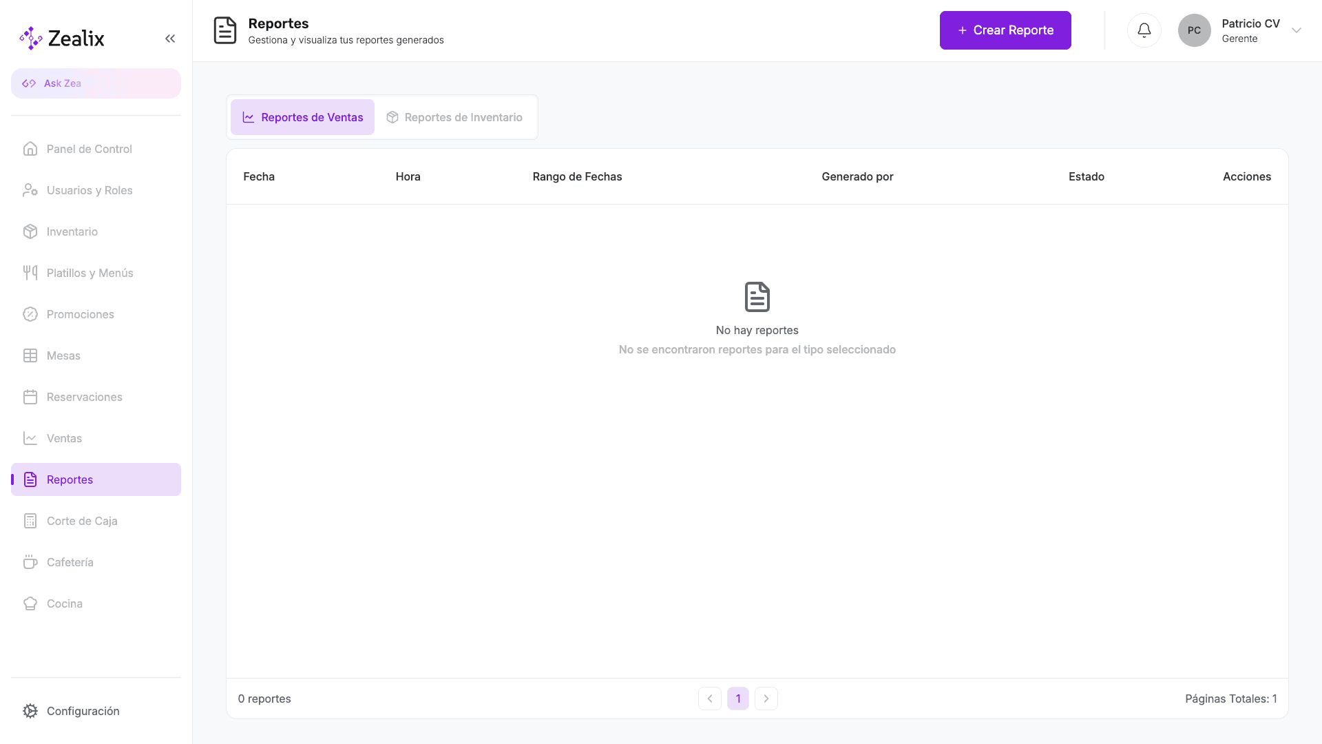Módulo de reportes de Zealix