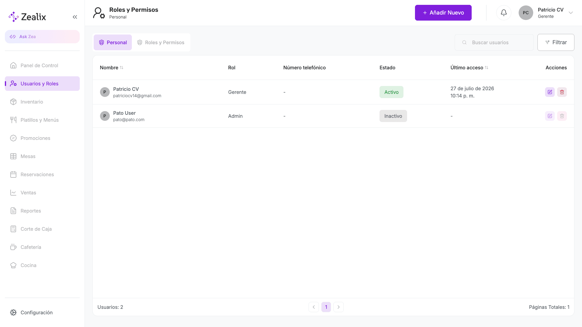 Módulo de usuarios y roles de Zealix